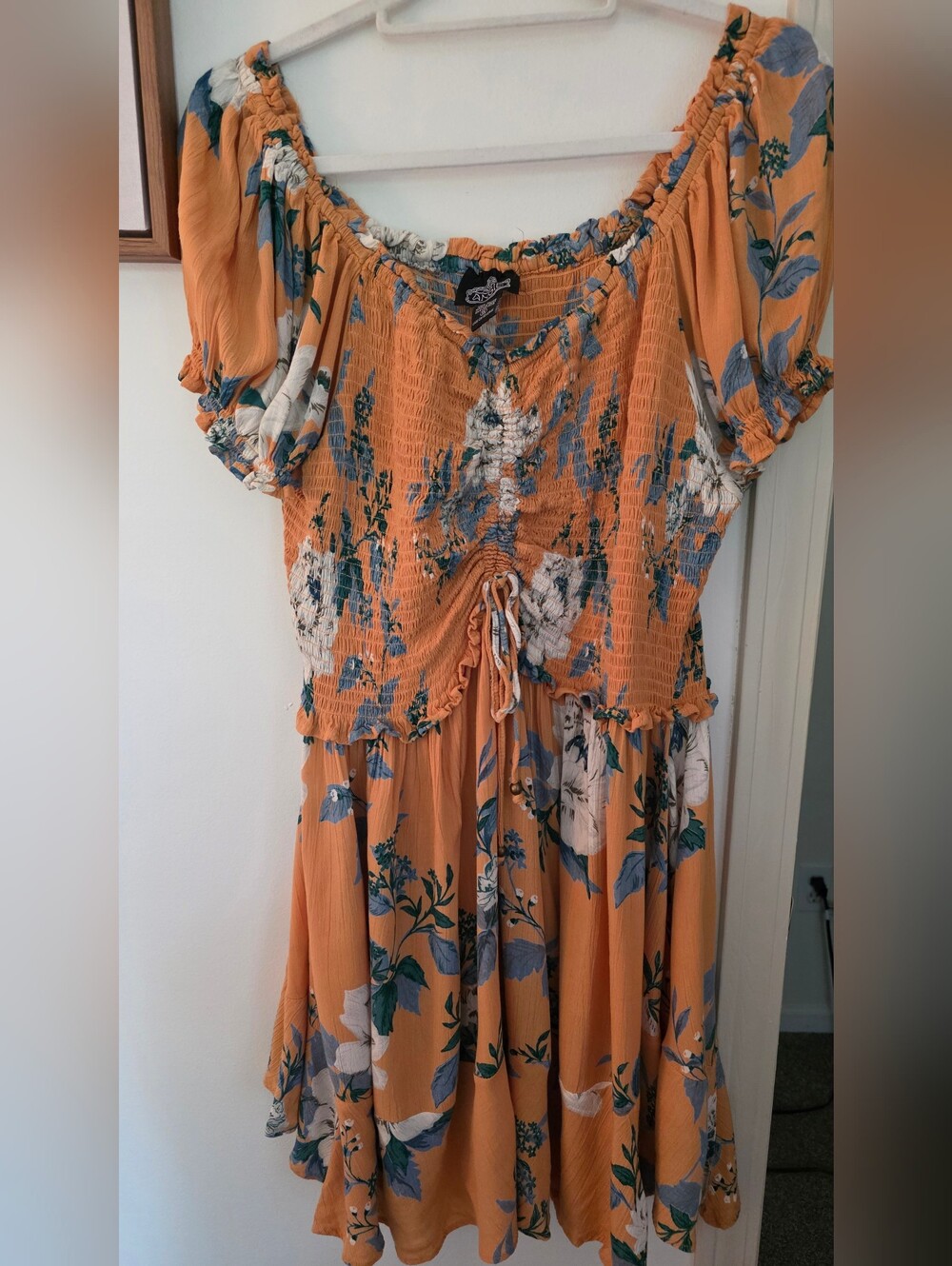 Angie Orange Floral Ruched Smocked Midi Dress
